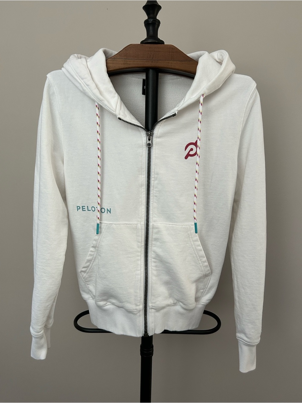 Peloton White Hooded Zip-Up Jacket with Teal Accents